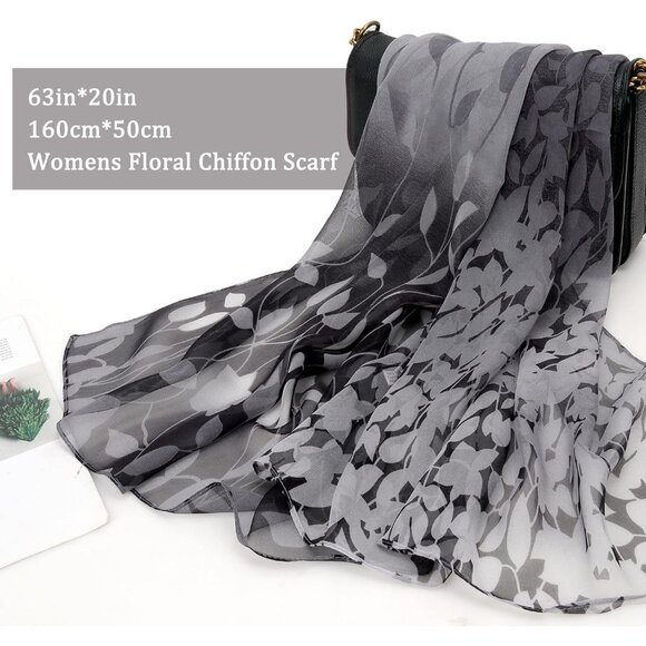 Women's Black+white Fashion Lightweight Head Scarf Floral Print Chiffon Scarves - Picture 3 of 6